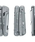 Front and side view of Fortitude BF 206 17 In 1 Stainless Steel EDC Multi Tool Pocket Knife with nylon sheath shown.