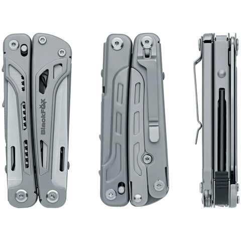 Front and side view of Fortitude BF 206 17 In 1 Stainless Steel EDC Multi Tool Pocket Knife with nylon sheath shown.