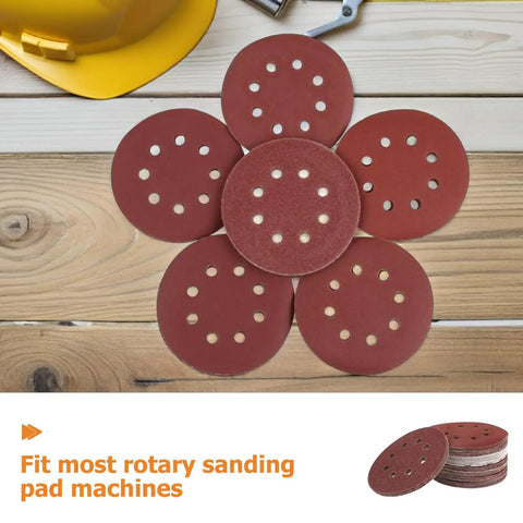 Assorted 8 Inch Hook And Loop Sanding Discs With Center Hole For Wood Metal And Plastic Grit Grinders arranged in a flower shape.
