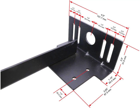 Tough As Nails Steel Bed Frame Extension Bracket Set showing detailed dimensions and robust steel construction for metal rail connections.