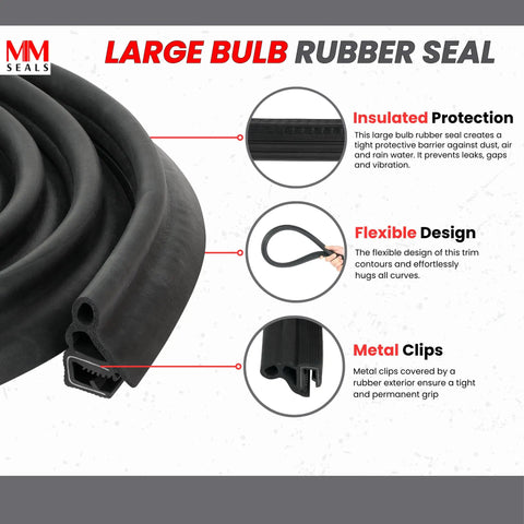 Door Rubber Seal Large Bulb With Big Grip Range, Flexible And Easy Install, Insulated Protection, Metal Clips Highlight