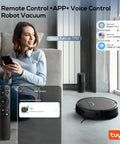 Woman using remote control and app with 2 In 1 Robot Vacuum And Mop For Pet Owners With Strong Suction visible near her.