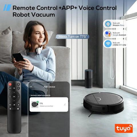 Woman using remote control and app with 2 In 1 Robot Vacuum And Mop For Pet Owners With Strong Suction visible near her.