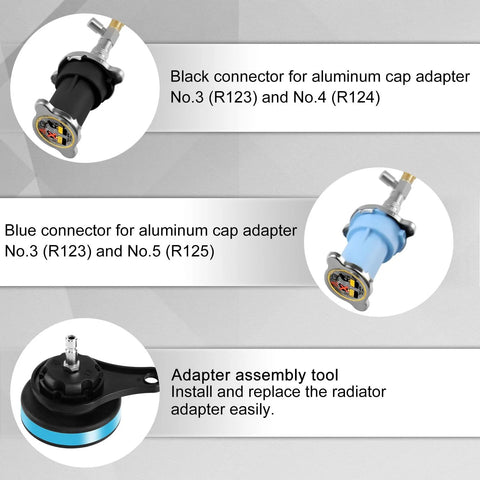Automotive radiator pressure tester and coolant refill kit components: black connector, blue connector, adapter tool (28-piece set).