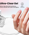 Pro Grade HEMA Free And TPO Free Gel Base And Top Coat Set showing ultra-clear gel and manicured hand