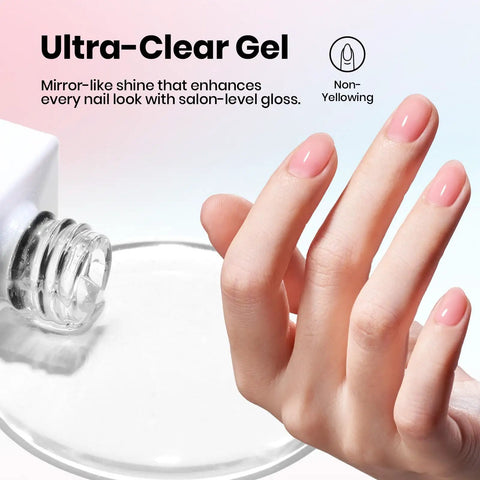 Pro Grade HEMA Free And TPO Free Gel Base And Top Coat Set showing ultra-clear gel and manicured hand