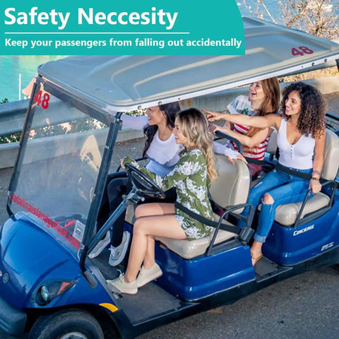 Two Seat Golf Cart Seat Belt Kit With 42 Inch Retractable Straps installed on golf cart for passenger safety, four people seated