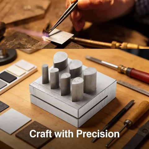 Drop Shaped Die Cutter Set With 7 Pieces In 45 Steel for jewelry making, shown on a table with crafting tools, highlighting precision and versatility.