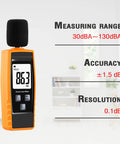 Portable Handheld Sound Level Meter For Indoor And Outdoor Noise Testing, 30 To 130 dB, Backlit LCD Display, Max Min Hold Functions, The No Nonsense Practical Little Tool For Noise Pollution Monitoring And Home Theater Setup. Orange handheld sound level meter with foam mic cover and LCD screen showing 86.3 dBA.