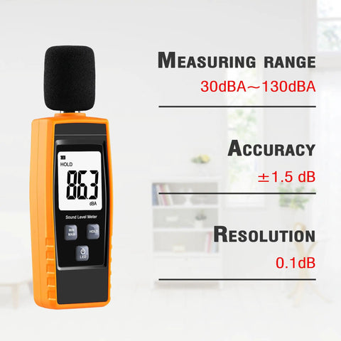 Portable Handheld Sound Level Meter For Indoor And Outdoor Noise Testing, 30 To 130 dB, Backlit LCD Display, Max Min Hold Functions, The No Nonsense Practical Little Tool For Noise Pollution Monitoring And Home Theater Setup. Orange handheld sound level meter with foam mic cover and LCD screen showing 86.3 dBA.