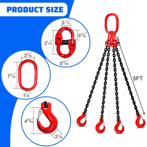 Heavy Duty 6 Ton Chain Sling 5 16 Inch By 5 Feet G80 Alloy Steel Four Way Quadruple Leg Lifting Slings With Four Safety Grab Hooks For Rigging Hoists And Engine Lifts, 5ft four-leg chain sling with red hooks