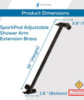 Solid Brass 16 Inch Shower Head Extension Arm With Flexible Height And Angle in oil-rubbed bronze, dimensions shown.