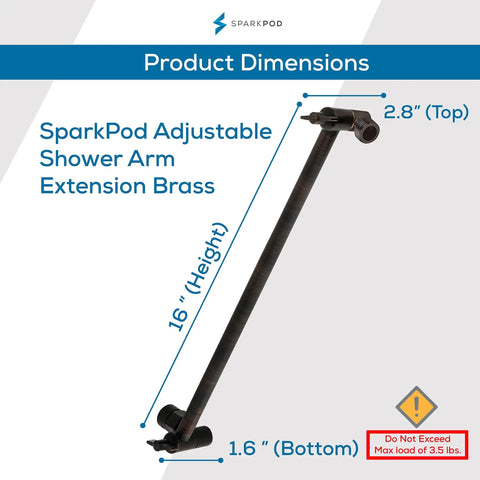 Solid Brass 16 Inch Shower Head Extension Arm With Flexible Height And Angle in oil-rubbed bronze, dimensions shown.