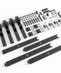 60 Inch Bi Folding Sliding Barn Door Hardware Kit For Four Doors With Heavy Duty Side Mounted Rollers For Smooth Sliding Fits Four 14 Inch Bifold Doors Space Saving Folding Solution Doors Not Included, showing all components, including rollers and brackets.