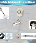 Universal Tub Spout Diverter Repair Kit Two Pack Brushed Nickel Bathroom Faucet showcases diverter parts and installation accessories.