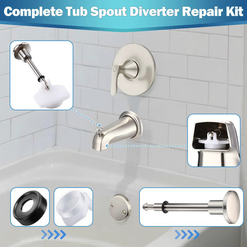 Universal Tub Spout Diverter Repair Kit Two Pack Brushed Nickel Bathroom Faucet showcases diverter parts and installation accessories.