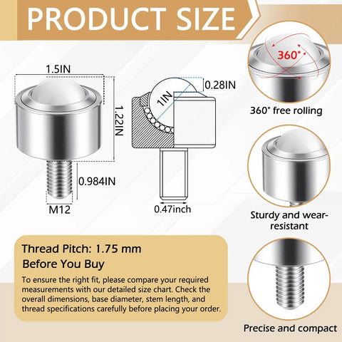 Elaraberry 4 Pack 1 Inch Nylon Ball Transfer Rollers Heavy Duty Casters For Carts product size dimensions diagram with measurements.