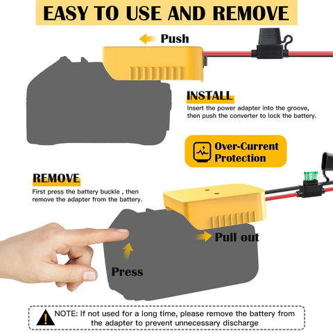 Diagram showing installation of Power Wheel Adapter Pack For 20V And 18V Battery Systems, highlighting easy use and removal.