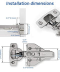 Installation dimensions of Soft Close Cabinet Hinges 10 Pack With 4D Adjustability and Killer Speed Control, silver finish, precise measurements.