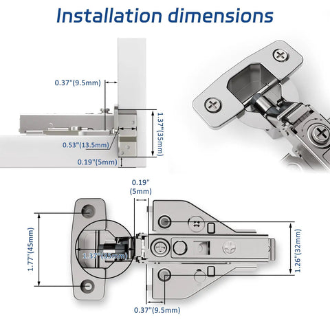 Installation dimensions of Soft Close Cabinet Hinges 10 Pack With 4D Adjustability and Killer Speed Control, silver finish, precise measurements.