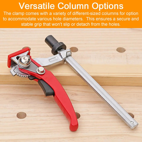 Hold Down Clamp With Quick Acting Ratchet For Workbenches in alloy steel and zinc on wood bench with column options