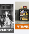 Before and after use of Heavy Duty 36 Inch Black Metal Storage Cabinet With Locking Doors, organized garage items.