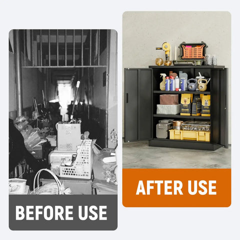 Before and after use of Heavy Duty 36 Inch Black Metal Storage Cabinet With Locking Doors, organized garage items.