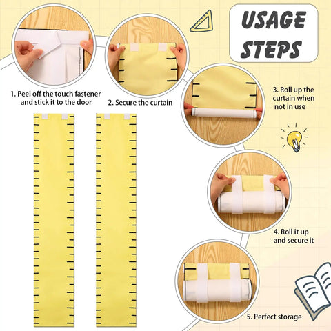 Usage steps for 2 Pack Blackout Door And Window Curtains, Thick Polyester Light Blocking Covers For Classroom, Office, Porch And Room Privacy, Block Sunlight And Glare, Each Curtain 7.9 x 43.3 Inches