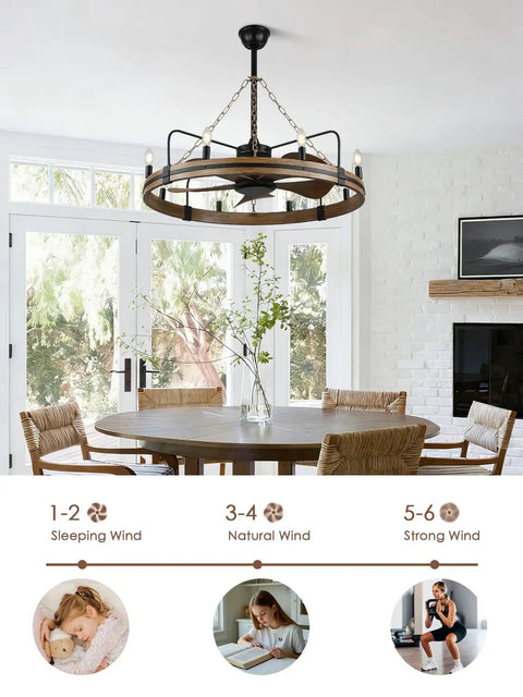 Beaded Wood Chandelier With 6 Candle Lights Rustic Farmhouse Pendant Ceiling Light In Black in dining room above round table.