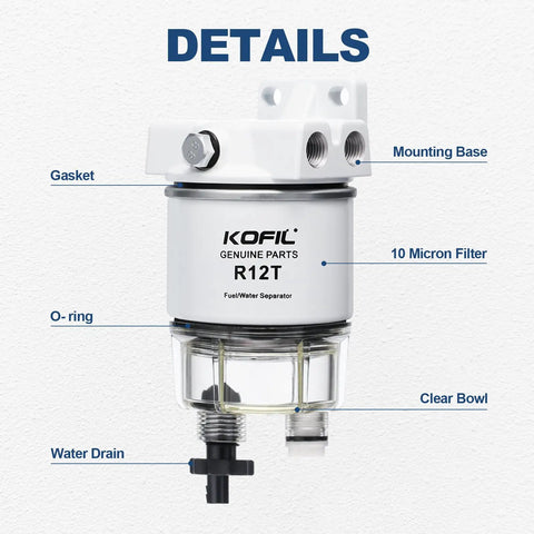 Marine Fuel Water Separator For Outboard Motors Ten Micron Three-Layer Filtration Removes Up To 99 Percent Water And Debris Gasoline And Diesel Compatible Includes Two Three-Eighths Barb Fittings And One Quarter Inch NPT Male Fittings Plus Two Plugs visible with labeled components, R12T model