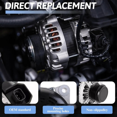Drop-In 12V 170A Alternator For Chevrolet Traverse 2018-2022 And Buick Enclave 2018-2022 3.6L V6 With 6-Groove Pulley Easy Install Replacement Direct Fit OE-Number 13552642 13565647 13545139 Clockwise, shown with key features like OEM standard, precise mounting holes, and non-slip pulley visible.
