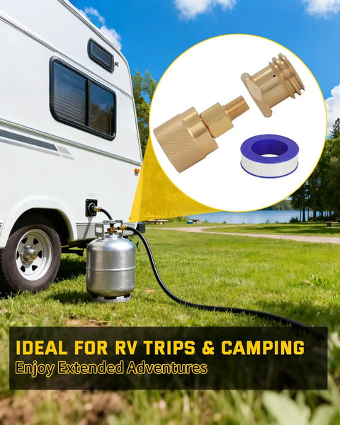 Heavy Duty Forklift Propane Adapter Swaps 1-1/4 Inch Female To 1-5/16 Inch Male Acme Fitment for RV trips and grilling.