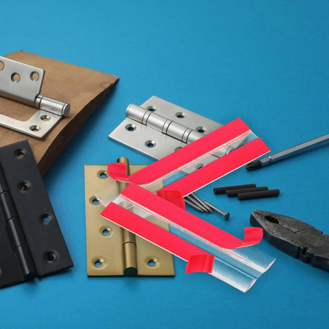Self Adhesive Acrylic Hinges 4 Pack With Easy Install And Adjustable Angles For Cabinets And Windows No Drill Wall Friendly Mount Ideal For Offices Shops And Home Use with tools and other hinges on blue background.
