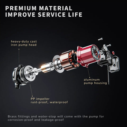 Efficient Hot Water Recirculating Pump 93W showcasing heavy-duty cast iron head and lightweight aluminum housing components.