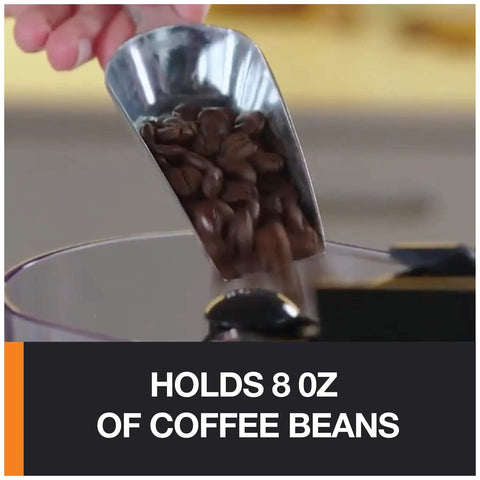 Pouring coffee beans into Home Barista Ready Burr Coffee Grinder With 12 Grind Settings And 8 Oz Capacity in stainless steel