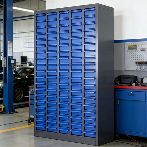 Heavy Duty 100 Drawer Parts Storage Cabinet With Alloy Steel Frame And Thick ABS Drawers For Nuts And Bolts Anti Slip Stops Garage Organizer For Small Parts Built Tough And Easy To Grab in a workshop environment