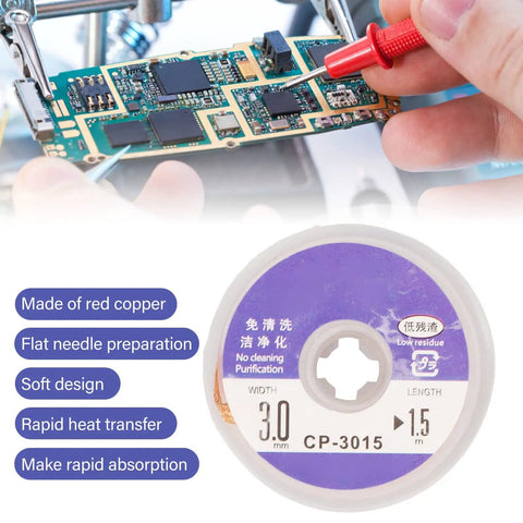 High Performance Low Tin Soft Desoldering Wick Braid for Quick And Easy PCB Solder Removal, 1 5m Length With Super Fast Heat Transfer And No Clean Formula, Awesome For Electronics Repair And Diy Projects, Boost Your Soldering Game Today shown with a close view of PCB and desoldering tool.
