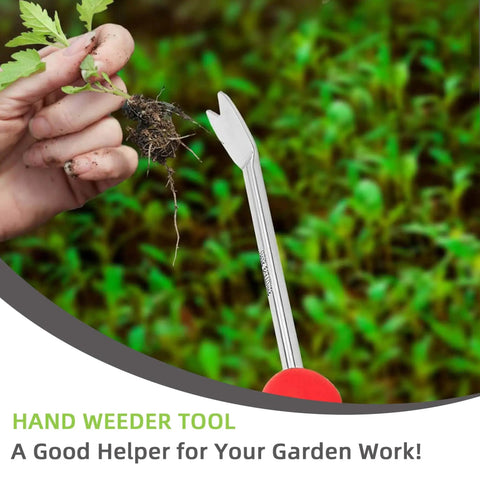 Two Prong Weed Puller Tool With Soft Grip Handle Stainless Steel Dandelion Weeder held by hand lifting weed