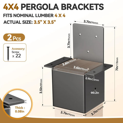 Two Pack 4x4 Pergola Brackets For Wood Posts, Beefy 14 Gauge Steel Post Top Rafter Connectors, Ideal For Gazebos, Decks And Pergolas, Actual Size 3.5 Inch By 3.5 Inch