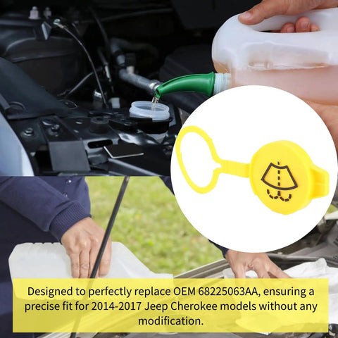 Jeep Cherokee Windshield Washer Reservoir Cap Replacement For 2014 2015 2016 2017, Washer Fluid Reservoir Cover OE 68225063AA, yellow cap close-up and installation view.