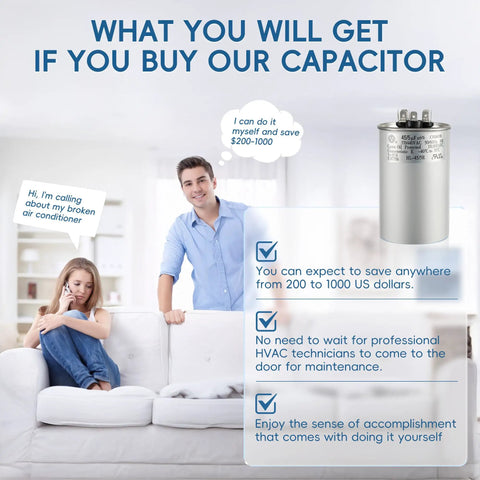 Dual Run 45 Plus 5 MFD AC Capacitor 440V For Heat Pumps And Air Conditioners Replaces 370V And 440V Units CBB65 Type