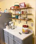 Kitchen shelves with 8 Pack Heavy Duty Shelf Brackets For 18 Inch Shelves Built Tough With 90 Degree Corner Support, black finish.