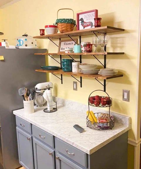 Kitchen shelves with 8 Pack Heavy Duty Shelf Brackets For 18 Inch Shelves Built Tough With 90 Degree Corner Support, black finish.