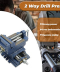 Heavy Duty Cross Slide Drill Press Vise With Two Way XY Compound Travel Four Inch Cast Iron Jaws; detailed view with two-way movement.