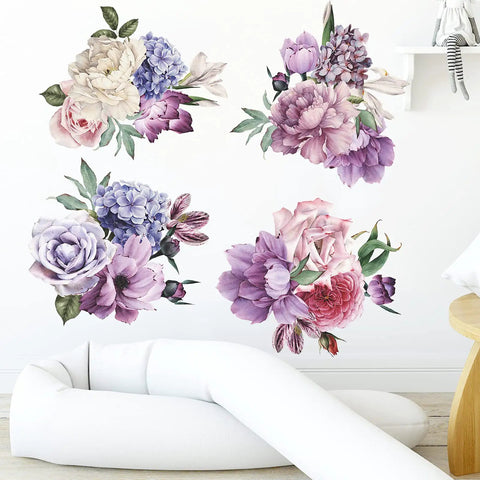 Giant Peony Wall Decals Four Piece Set With Watercolor Rose Blooms for Living Room and Bedroom Decor on a white wall