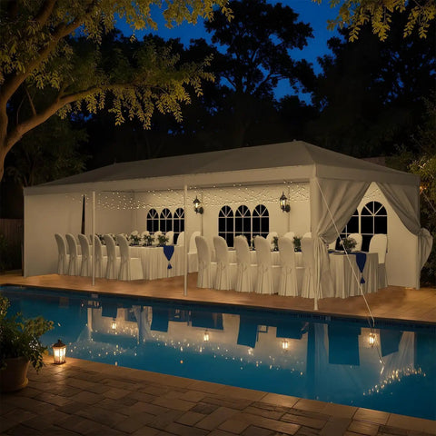 Built Tough 10 By 30 Foot Heavy Duty Outdoor Wedding Canopy With Eight Sidewalls Offering Full Uv Protection And Being Totally Waterproof Perfect For Your Backyard Parties And Big Events at night beside pool