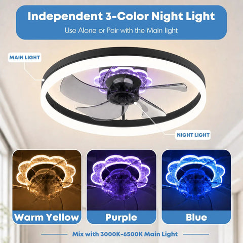 Smooth Breeze 20 Inch Ceiling Fan With Light And Remote Low Profile Flush Mount Dimmable Fandelier showing 3-color night light options.