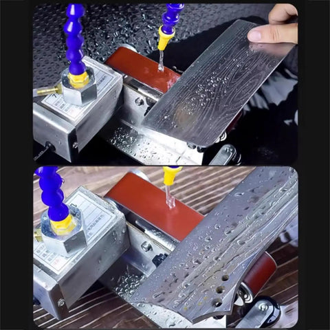 Badass Electric Knife Sharpener And Wet Bench Sander Featuring Ten Tough Sand Belts Plus Polishing And Grinding Wheels in action with water spray.
