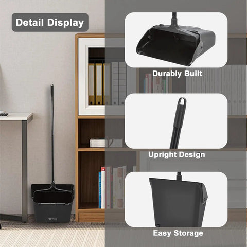 Heavy Duty Upright Standing Dustpan Built Different Tight Pivoting Base, black, upright design, easy storage for restaurants and shops.