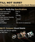 Image showing specifications for Top Shelf Air Conditioning Compressor With Heavy Clutch Quick Fix Fitment For Hyundai Accent And Kia Rio 2012 To 2017.